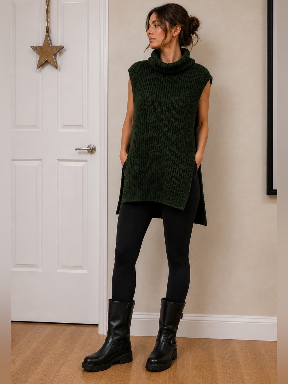 Women’s Green Khaki Sleeveless Turtleneck along Sweater Size Medium